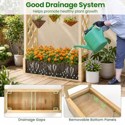 Giantex Raised Garden Bed with Trellis & Hanging Roof, Wooden Elevated Planter Box with Drainage Hole, Freestanding Gardening Planter Raised Bed for Flowers Herbs Climbing Plants Vines, 44”x14”x45” - color: Natural, size: 44”x14”x45”