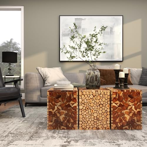 Deco 79 Teak Wood Handmade Side End Accent Table End Table with Mosaic Wood Chip Design, Side Table 14" x 14" x 18", Brown - color: Brown, size: 14" x 14" x 18.05"