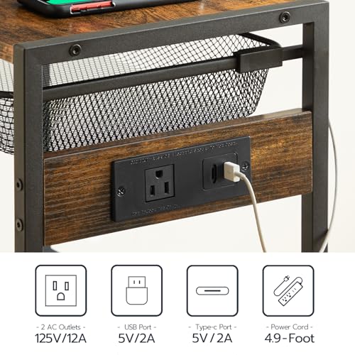HOOBRO Tall Side Table with Charging Station, Industrial Telephone End Table with Pull-Out Metal Storage Drawer, Tall Slim Nightstand for Living Room, Bedroom, Office, Rustic Brown BF06UDH01