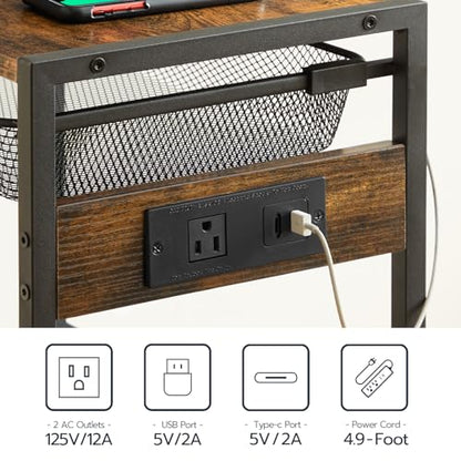 HOOBRO Tall Side Table with Charging Station, Industrial Telephone End Table with Pull-Out Metal Storage Drawer, Tall Slim Nightstand for Living Room, Bedroom, Office, Rustic Brown BF06UDH01