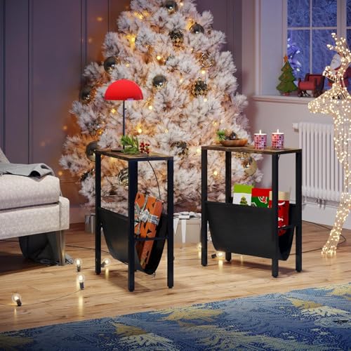 Narrow Side Table with Charging Station, Skinny Nightstand with USB Ports & Outlet, Slim Sofa Side Table with Storage Bag, Small End Table for Small Spaces, Living Room, Bedroom, Rustic Brown - color: Rustic Brown