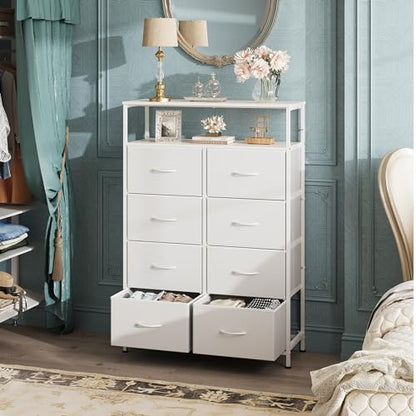 WLIVE Fabric Dresser for Bedroom with Open Shelves, Tall White Dressers with 8 Drawers, Storage Tower with Fabric Bins, Chest of Drawers for Closet, Hallway - color: White, style: Raised Shelves