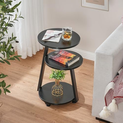 BEWISHOME Round End Table Side Table with Metal Frame, Black KTZ41B | Accent Table Nightstand Bedside Table, 3-Tier Shelves, Small Couch Table, For Living Room Bedroom - color: Black, size: without PowerOutlet