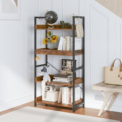 HCHQHS 4 Tier Bookshelf, Adjustable Industrial Bookcase, Vertical Tall Book Shelf, Wood and Black Metal Open Bookshelves for Home Office, Living Room, Bedroom - color: Rustic Brown, size: 4-Tier (24"W x 44"H)