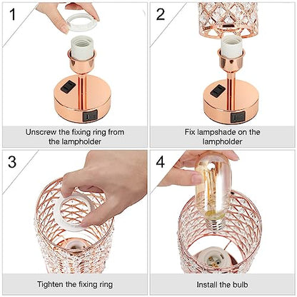 Hong-in Rose Gold Lamp Set of 2, 3-Way Crystal Table Lamp Touch Control with USB-C+A & AC Ports, Dimmable Nightstand Desk Light, Pink Bedside Table Lamp for Bedroom(Bulb Included & Set of 2) - color: Rose Gold