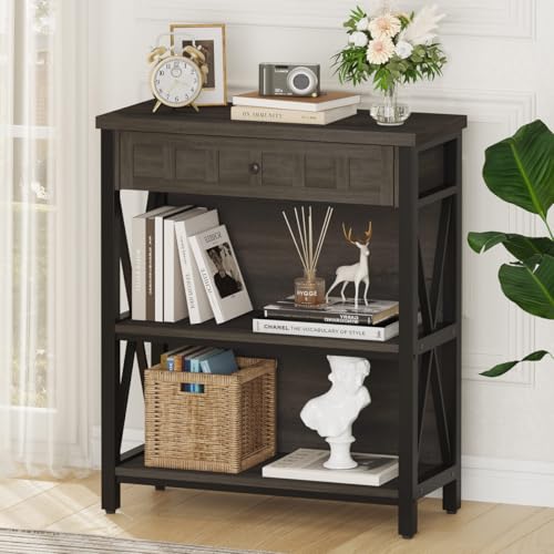 Rustic Small Bookshelf, Industrial Wood Book Shelf with Drawer, 3 Shelf Bookcase for Small Space, Low Book case for Living Room, Home Office (Walnut Brown) - color: Walnut Brown, size: With Drawer