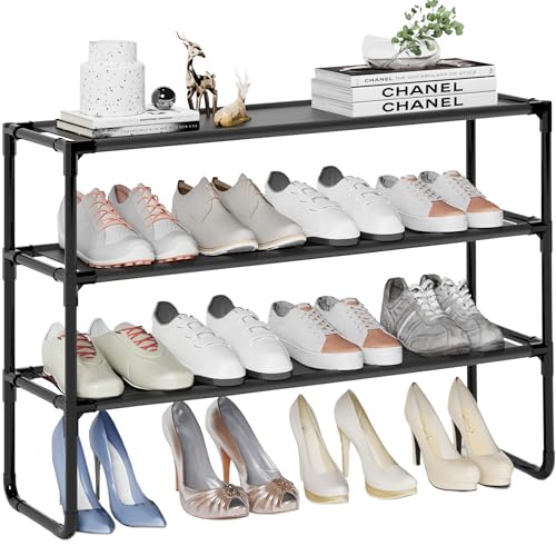 Long Shoe Rack, 3-Tier Stackable Shoe Organizer for Closet, Entryway, Hallway, Extra Bottom Layer, Holds 16-20 Pairs, Sturdy & Durable Waterproof Fabric Shelf, Space-Saving,Black(35.8" Wide) - size: 3-Black-35.8"