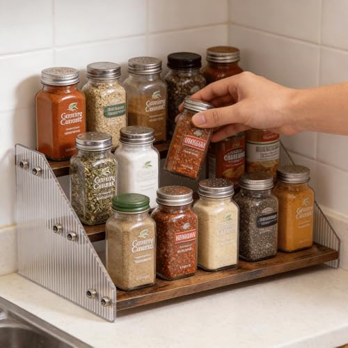 Tiered Spice Rack Organizer for Countertop & Cabinet, 3-Tier 12in Kitchen Seasoning Storage Shelf, Space Saving Standing Spice Organizer, Wooden & Acrylic, Rustic Brown - color: Rustic Brown, size: 3-Tier 12in