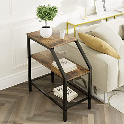 Wolawu End Table 3 Tiers 2pcs Wood Nightstand with Storage Ladder Shelf,Industrial Sofa Side Table for Small Space, Modern Trapezoid Plant Stand in Living Room Bedroom,Gold Metal Frame - color: Brown