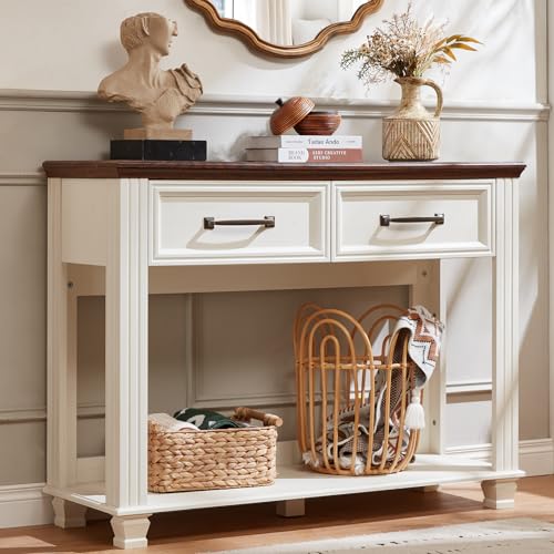 SAVOR LIFE Farmhouse 46" Console Table with 2 Drawers, Rustic Wood 2 Tier Entryway Table with Open Storage Shelf for Entry, Large Mid-Century Vintage Sofa Tables Behind Couch for Living Room, White - color: White