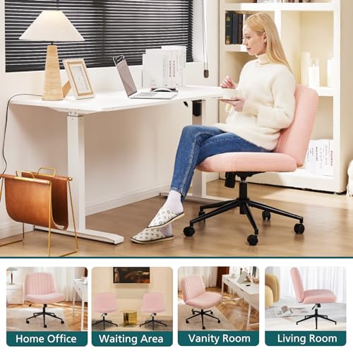 OLIXIS Criss Cross Chair with Wheels, Vanity Chair, Home Office Desk | Furry Teddy Fleece, Wide Seat Armless, Height Adjustable Swivel, Home Computer Task, Bedroom, Study, Pink Teddy - color: Pink Teddy