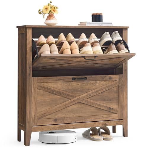 VASAGLE LIRY Collection - Shoe Storage Cabinet Organizer with 2 Flip Drawers, Freestanding Narrow Shoe Rack for Entryway, Farmhouse Style, Fits 12 to 16 Pairs, Honey Brown UHSC201KB01S - color: Honey Brown, size: 9.4"D x 34.3"W x 34.6"H, style: 2 Flip Dra