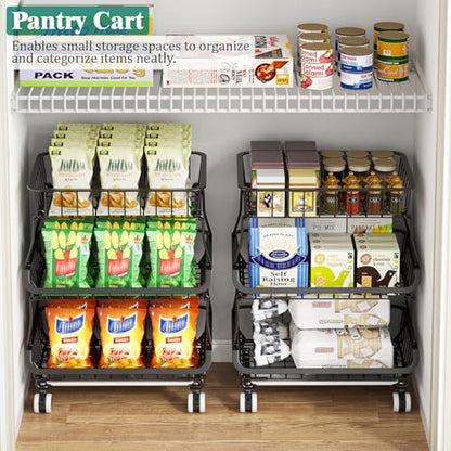 Giwil 3-Tier Rolling Pantry Organizers with Wheels, Stackable Wire Basket for Kitchen Pantry Shelves, Vegetable Storage Rack Pantry Cart for Snack Fruit Onion Potato, Black