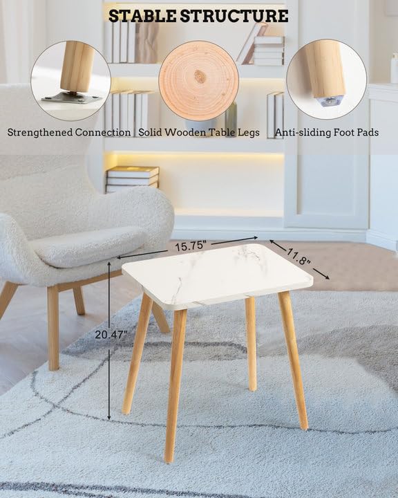 FORAOFUR Small End Table, Side Table Accent Table Living Room Bedroom Balcony Office, Modern Bedside Table Home Decor, Mini Table for Small Spaces, Short Coffee Table, Easy Assembly, Marble White | Marble Solid wood legs for stability, fits sofa/bedside/s