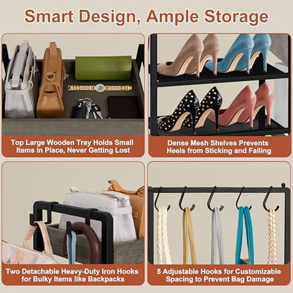 2-in-1 Shoe and Purse Rack, 5-Tier Shoe Rack with Wooden Tray & 7 Hooks, Industrial Metal Shoe Shelf with Removable Shelves for Entryway, Front Door Entrance, Closet, Boot Storage, Black - color: Black With Grey