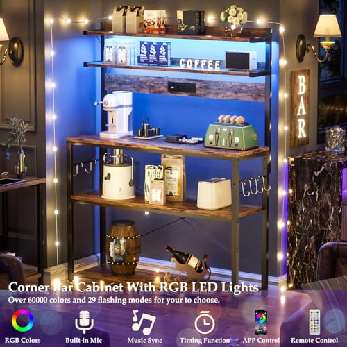 Aheaplus Bakers Rack with Power Outlet, Microwave Stand, 5 Tiers Coffee Bar Station with Led Lights, Kitchen Storage Shelf with 6 S-shaped Hooks, Kitchen Rack Coffee Bar Stand, Rustic Brown - color: Rustic Brown, size: 31.5 inch