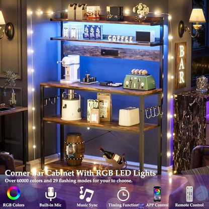 Aheaplus Bakers Rack with Power Outlet, Microwave Stand, 5 Tiers Coffee Bar Station with Led Lights, Kitchen Storage Shelf with 6 S-shaped Hooks, Kitchen Rack Coffee Bar Stand, Rustic Brown - color: Rustic Brown, size: 31.5 inch