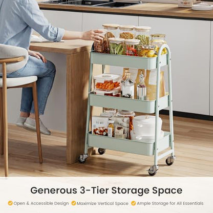 DUMOS 3 Tiers Metal Rolling Utility Cart with Lockable Wheels, Mobile Storage Organizer, Utility Shelving Unit for Kitchen, Office, Bathroom, Laundry, Narrow Places, Light Green - color: 3-tier Green