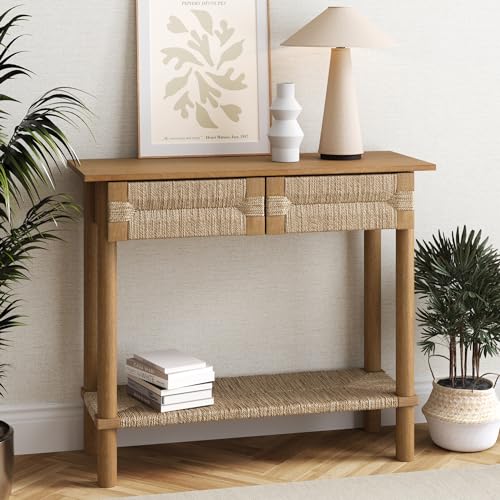 Nathan James Beacon Wooden Sofa Console Table with Drawers, Bohemian Entryway Table, Hallway Table with Seagrass Shelf, Light Brown - color: Beacon Light Brown/Seagrass, size: Set of 1