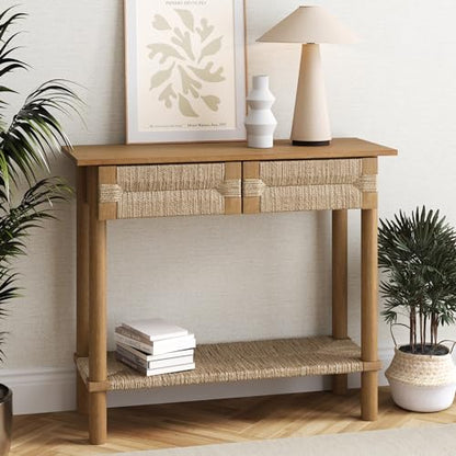Nathan James Beacon Wooden Sofa Console Table with Drawers, Bohemian Entryway Table, Hallway Table with Seagrass Shelf, Light Brown - color: Beacon Light Brown/Seagrass, size: Set of 1
