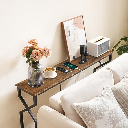 MAHANCRIS 44.9" Sofa Table, 9.4" Narrow Console Table with Charging Station, Couch Table Behind Sofa with Outlet, Entryway Table with Display Shelf, Living Room, Rustic Brown CTHR113E01 - color: Rustic Brown + Black