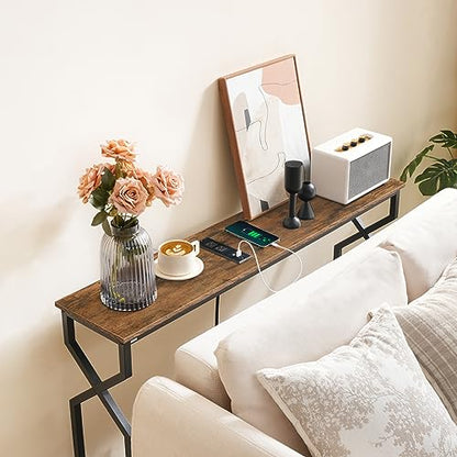 MAHANCRIS 44.9" Sofa Table, 9.4" Narrow Console Table with Charging Station, Couch Table Behind Sofa with Outlet, Entryway Table with Display Shelf, Living Room, Rustic Brown CTHR113E01 - color: Rustic Brown + Black