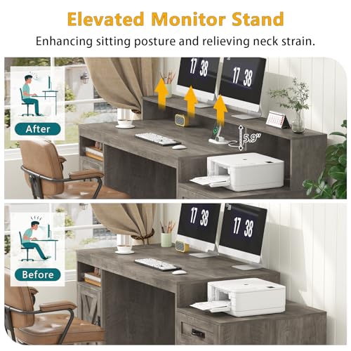 TVU Farmhouse Computer Desk with Drawers, 65'' Home Office Desk with Power Outlets, Storage Cabinet and Printer Stand, Study Writing Desks with Long Monitor Stand, Grey - color: Grey
