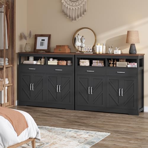knoworld Buffet Sideboard with Storage Farmhouse with 4 Doors, 47'' Large Kitchen Storage Cabinet Wood Coffee Bar Cabinet Buffet Table with Shelves for Kitchen, Dining Room, Entryway, 47" W Black