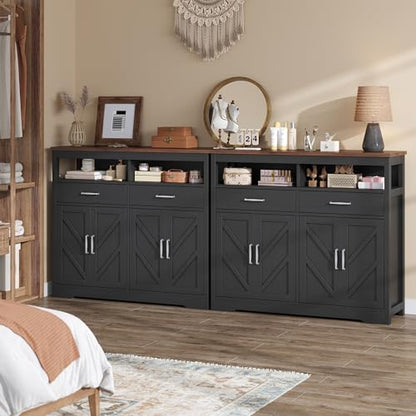 knoworld Buffet Sideboard with Storage Farmhouse with 4 Doors, 47'' Large Kitchen Storage Cabinet Wood Coffee Bar Cabinet Buffet Table with Shelves for Kitchen, Dining Room, Entryway, 47" W Black