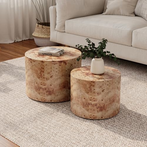Nesting Coffee Table Set of 2, Modern Round Coffee Table, Wooden Circle Accent Tables for Small Spaces Living Room Bedroom Balcony Office Drum Side Table, Natural Burl - color: Natural Burl