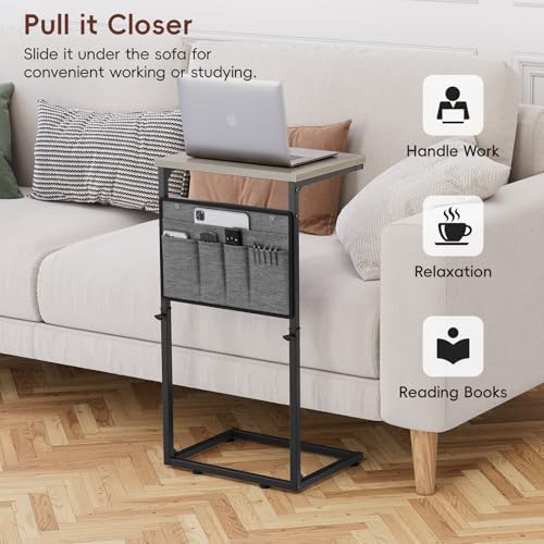 Vagusicc C Shaped End Table, 33'' Tall Side Table for Couch, Adjustable Height Small Couch Side Table for Small Spaces, C Table Slide Under Sofa Table TV Tray Arm Table for Living Room, Bedroom, Grey - color: Greige