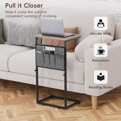 Vagusicc C Shaped End Table, 33'' Tall Side Table for Couch, Adjustable Height Small Couch Side Table for Small Spaces, C Table Slide Under Sofa Table TV Tray Arm Table for Living Room, Bedroom, Grey - color: Greige