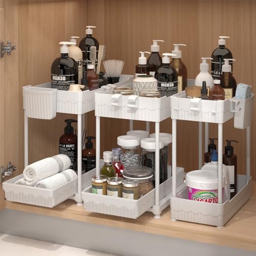 Sevenblue 3-Pack 2-Tier Under Sink Organizers with Sliding Drawers | Multi-use kitchen & bathroom storage, 12.8 inch white cabinet organizer, space-saving sliding drawer design. - color: White, size: 12.8 Inch