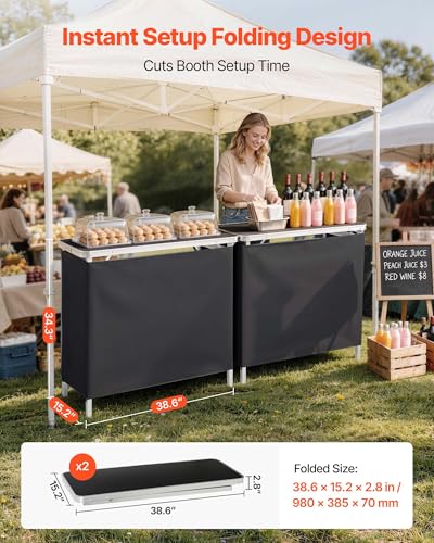 VEVOR Folding Portable Bar Table, 2 pcs, 38.6 x 15.2 x 34.3 in, with Carry Bag, Storage Shelf, Detachable Skirt, Quick and Easy Setup, Foldable Mobile Bartending Station for Events, Party, Tradeshow - size: 38.6 x 15.2 x 34.3 inches