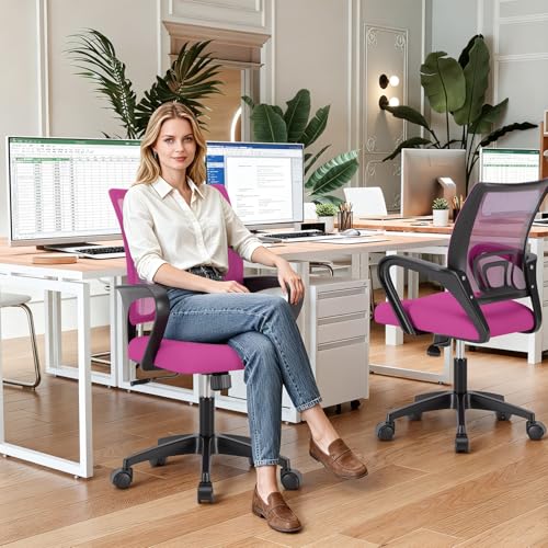 BestOffice Ergonomic Office Chair | Mid-Back Swivel Desk Chair | Pink | with Lumbar Support, Adjustable Height & Breathable Backrest | Sponge Seat & Rolling Wheels | for Home, Office | Pack of 1 - color: Pink, style: pack of 1