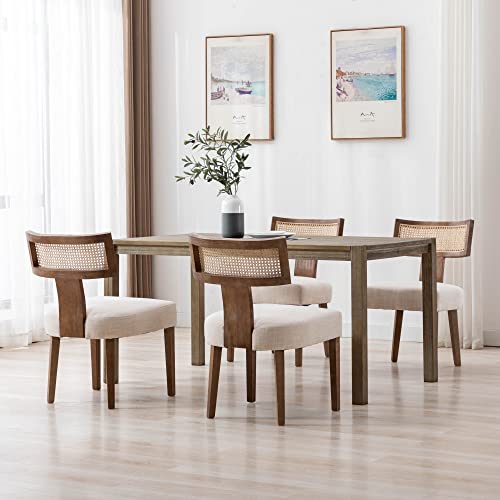 RIVOVA Rattan Dining Chairs Set of 4, Mid Century Modern Dining Chair Upholstered Linen Fabric Kitchen Side Chair, Modern Kitchen Armless Solid Wood Dining Chairs, Beige - color: Beige Rattan