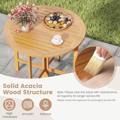 Tangkula 36 Inches Outdoor Folding Round Dining Table, No Assembly Patio Acacia Wood Bistro Table with Slatted Tabletop, 4-Person Outside Dining Furniture for Backyard, Porch, Balcony - size: 36"