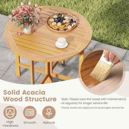 Tangkula 36 Inches Outdoor Folding Round Dining Table, No Assembly Patio Acacia Wood Bistro Table with Slatted Tabletop, 4-Person Outside Dining Furniture for Backyard, Porch, Balcony - size: 36"