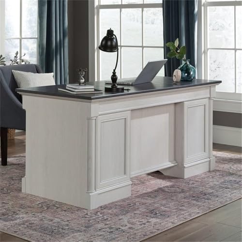 Sauder Palladia Office Desk with Drawers, Executive Desk with File Cabinet Storage, Cable Management, Keyboard Tray, in Glacier Oak Finish - color: Glacier Oak