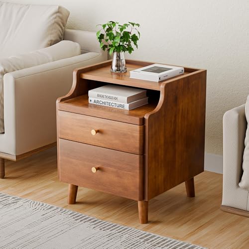 Nightstand with Drawers, Pre-Assembled, 19.7" H Natural Solid Wood Night Stand with Open Sliding Shelf, Mid Century Modern Small Bedside Table Cabinet for Bedroom, Walnut, 16" - color: Walnut, size: 16"