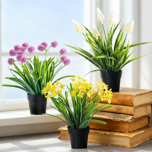 3 Pack Fake Small Plant Artificial Potted Flowers for Home Decor Fake Flower Plant Greenery Mini Faux Plant for Indoor Bedroom Living Room Office Shelf Bathroom Farmhouse Decor (Type 10) - color: Type 10