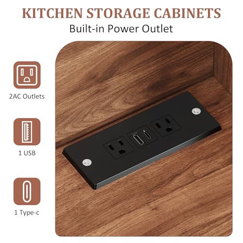 GarveeLife 71" Pantry Cabinet with Charging Station, Tall Kitchen Pantry Storage Cabinet with Microwave Stand, Large Farmhouse Kitchen Hutch with Cabinet Doors & Drawer for Living Room, Dining Room - color: Brown
