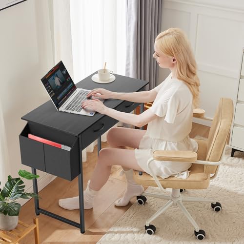 OLIXIS 32 Inch Small Desk, Computer Desk, Home Office | Fabric Drawers, Side Bag, Headphone Hook, Writing Study Work Table, Bedroom, Sleek Black - color: Sleek Black, size: 32 in