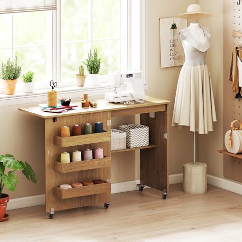 Giantex Folding Sewing Table with Charging Station, Storage Trays & Shelf | Rolling Craft Table with Lockable Wheels, Foldable Sewing Machine Cabinet Desk for Small Spaces, Dorms, Natural - color: Natural