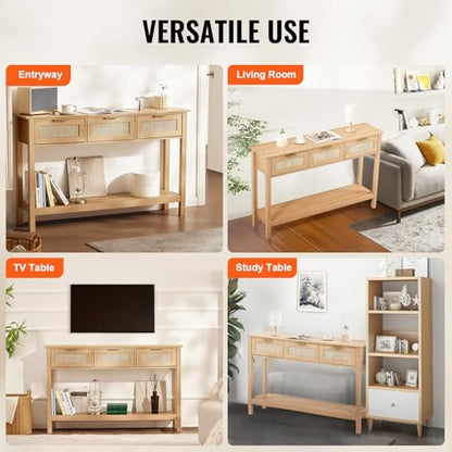 VEVOR Rattan Console Table with 3 Storage Drawers, Rattan Entryway Table with Natural Rattan Sliding Door, Console Sofa Table for Living Room, Study, Entryway Or TV Wall, Natural - size: 3 Drawers