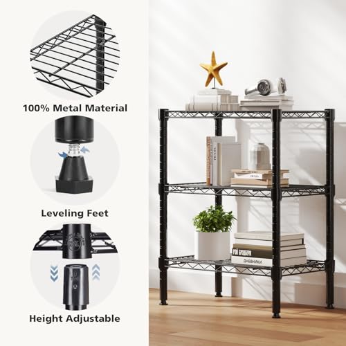NEWBULIG 3-Tier Metal Wire Storage Shelves, Adjustable Heavy Duty Steel Shelving Unit, Freestanding Storage Rack Organizer for Kitchen, Pantry, Garage, Bathroom, 23.2" W x 13.4" D x 30.3" H, Black - size: 23.2" W x 13.4" D x 30.3" H