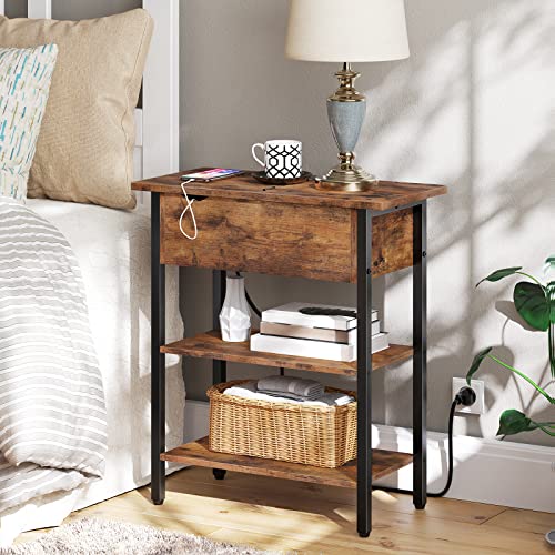 HOOBRO Set of 2 End Tables, Side Table with Charging Station, Flip Top Nightstand with USB Ports and Outlets, Bedside Tables with Shelf for Small Spaces, Living Room, Bedroom, Rustic Brown BF341BZP201 - color: Rustic Brown + Black