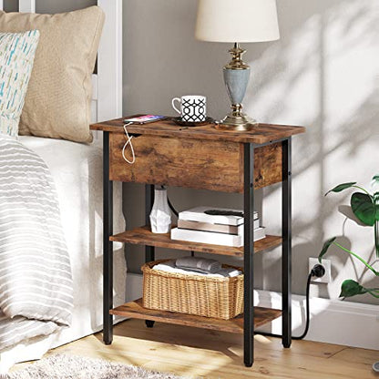 HOOBRO Set of 2 End Tables, Side Table with Charging Station, Flip Top Nightstand with USB Ports and Outlets, Bedside Tables with Shelf for Small Spaces, Living Room, Bedroom, Rustic Brown BF341BZP201 - color: Rustic Brown + Black