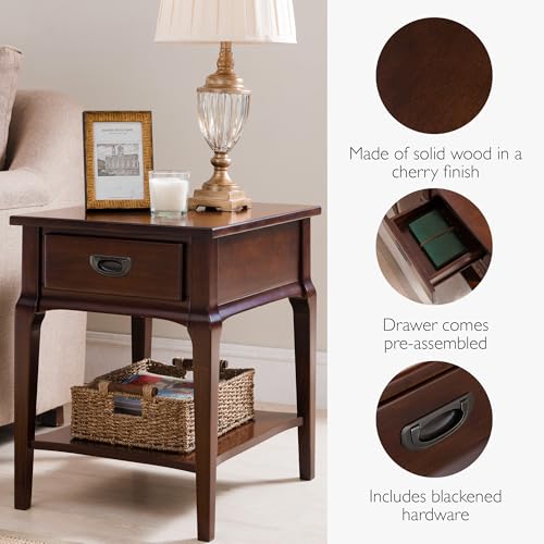 Stratus Solid Wood End Table with Shelf and Drawer, Heartwood Cherry Brown, Perfect for Living Rooms, Bedrooms, and Small Spaces – Leick Home, 22007 - color: Heartwood Cherry