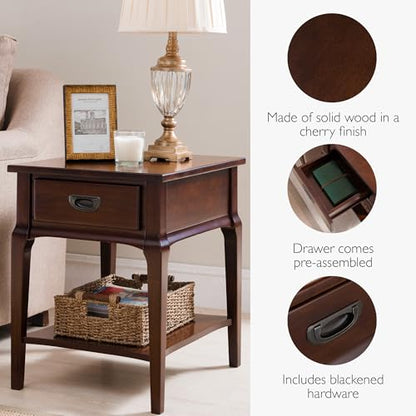 Stratus Solid Wood End Table with Shelf and Drawer, Heartwood Cherry Brown, Perfect for Living Rooms, Bedrooms, and Small Spaces – Leick Home, 22007 - color: Heartwood Cherry